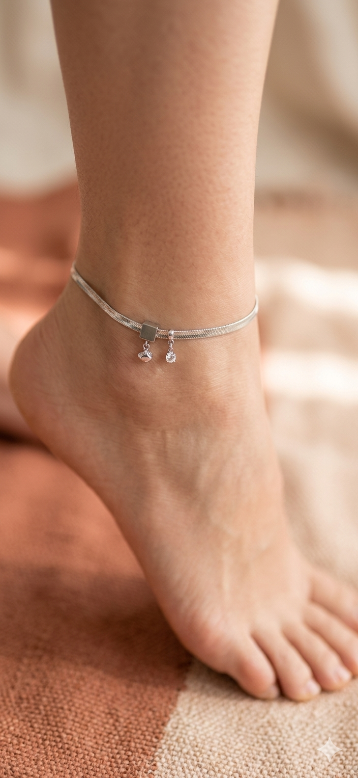 Elegant Silver Charm Anklet – Minimal Snake Chain Payal for Women