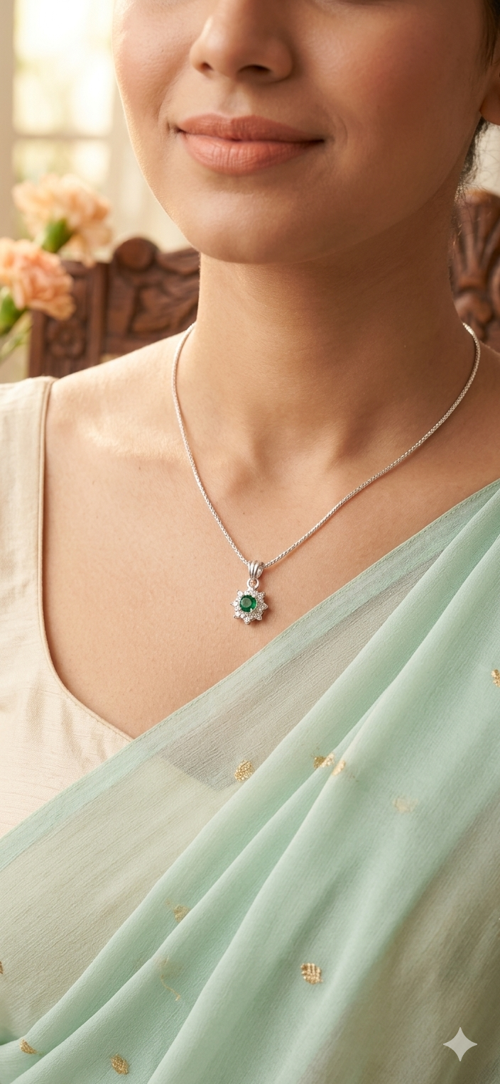 Emerald Bloom Silver Pendant Necklace