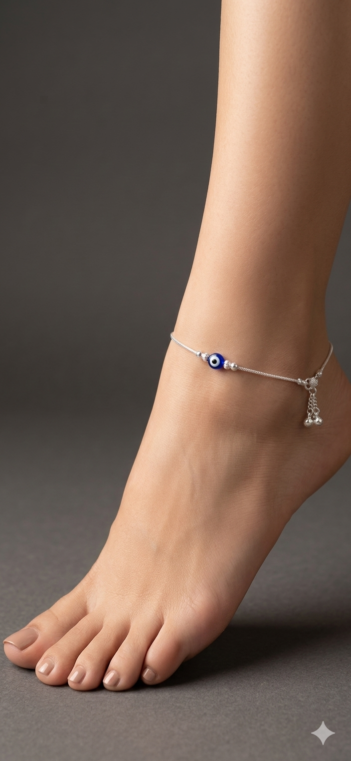 Celestial Protection Evil Eye Adjustable Payal & Ancalate – Silver Elegance