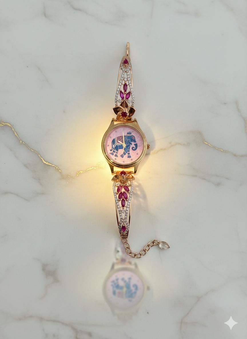 Royal Gajra Elegance Rose Gold Bracelet Watch with Elephant Motif Dial